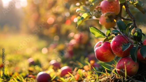  a close up of a bunch of apples on a tree in a field with sunlight coming through the leaves and the apples on the tree are ripe and ready to be picked.
