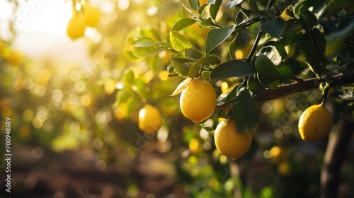  a bunch of lemons hanging from a tree in a field with sunlight shining through the leaves and on the branches of the tree, there is a bunch of lemons in the foreground. © Olga
