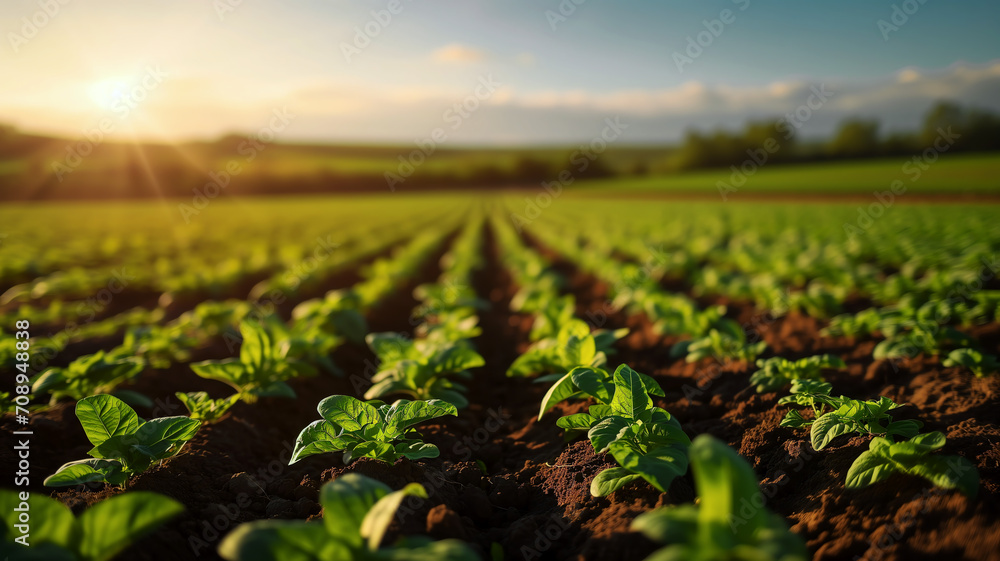 agriculture field with crops at sunrise, symbolizing growth - obrazy, fototapety, plakaty 