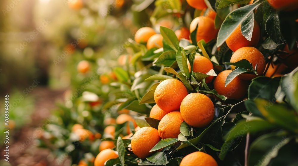  a bunch of oranges growing on a tree in an orange grove in a sunny day in the fall or early fall of the season, with green leaves and oranges in the foreground.