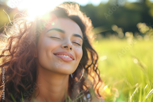 Capturing Joy  Sunlit Portrait Of A Young Woman Reveling In The Outdoors