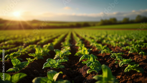 Photographie agriculture field with crops at sunrise, symbolizing growth