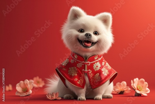 illustration featuring a white Pomeranian cute dog adorned in traditional Chinese attire