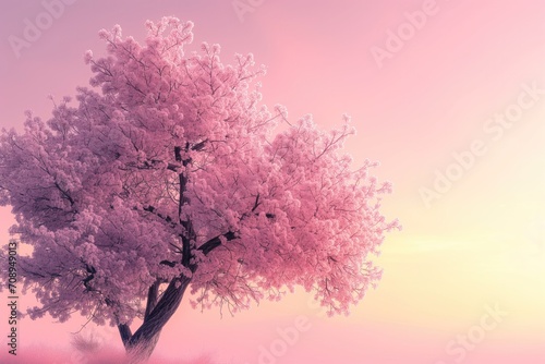 Serene Nature Backdrop Featuring Blossoming Tree Against Pink Sky © Anastasiia