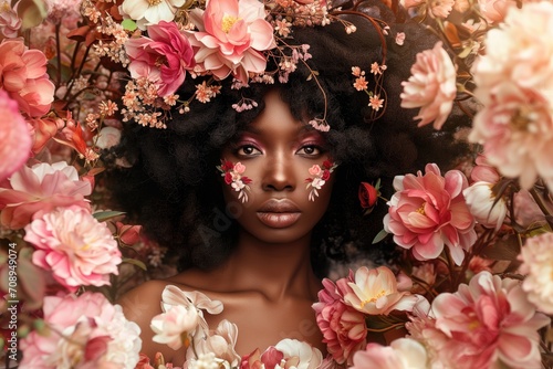 Stunning Black Woman Adorned With Hightech Floral Hairstyle Amidst Blooming Flowers