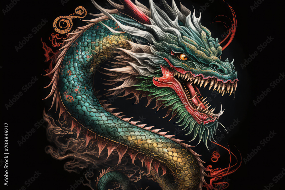 Fototapeta premium Chinese dragon head illustration on dark background. Traditional east asian folklore creature artwork. 
