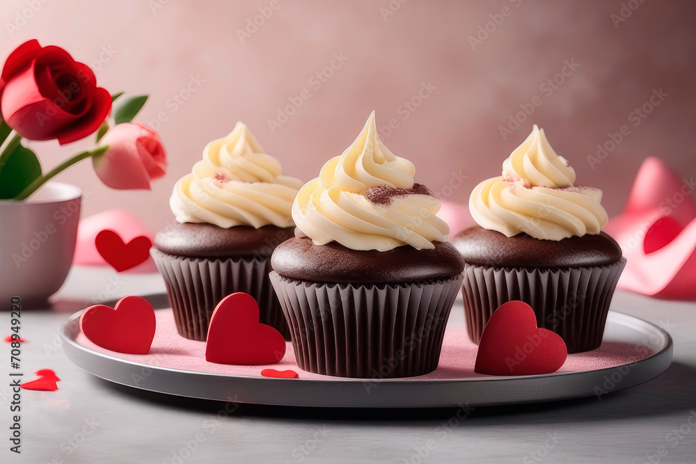 Cupcakes with buttercream and decorated with sugar red hearts for Valentine's Day on a stone background.