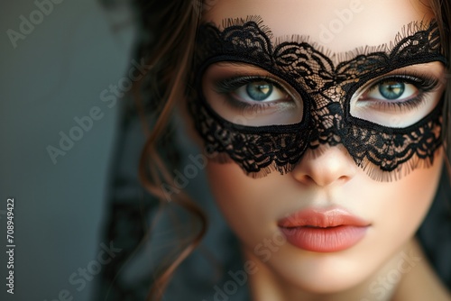 Enigmatic Beauty: Black Lace Mask Conceals Alluring Young Woman's Eyes