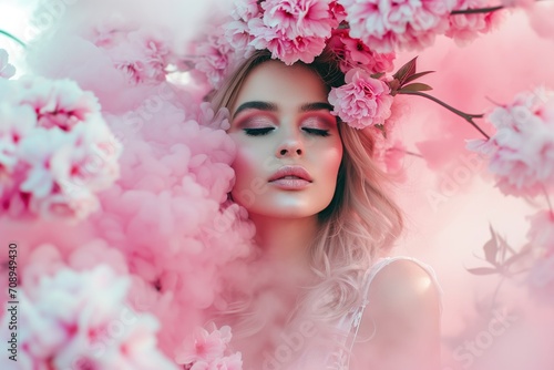 Enchanting Female Surrounded By Blooming Flowers In Spring's Blush