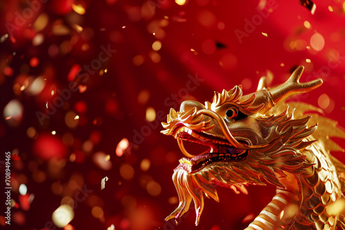 chinese new year, gold dragon on red background with confetti. © Nokhoog