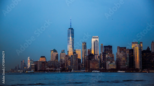 View of Manhattan from Hudson bay at twilight, New York City, USA