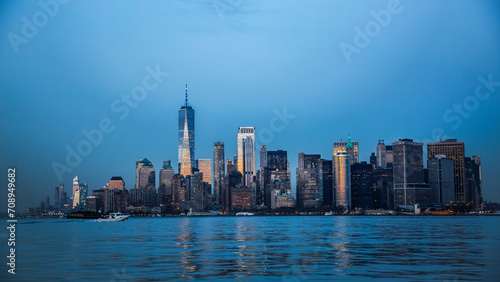 View of Manhattan from Hudson bay at twilight  New York City  USA
