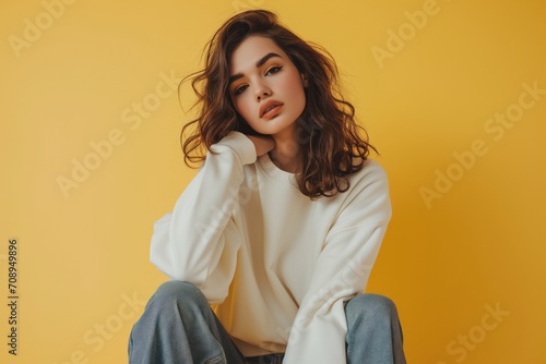 Female Model Showcases White Sweatshirt For Design Presentation On Yellow Background
