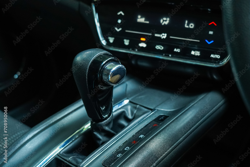 Automatic transmission gearshift stick, Close up of the automatic gearbox lever, black interior car