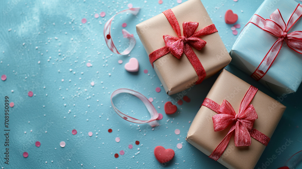 Valentine's Day has a heart background and a flat gift placed for mom. Let's lie down, make a table, the top looks blue and white, there are envelopes, we make dinner, have a romantic meal in a resto Valentine's Day has a heart background and a flat gift placed for mom. Let's lie down, make a table, the top looks blue and white, there are envelopes, we make dinner, have a romantic meal in a resto