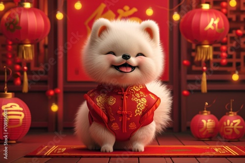 illustration featuring a white Pomeranian cute dog adorned in traditional Chinese attire photo