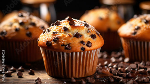 Sweet muffins topped with chocolate chips
