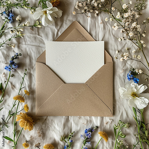 Blank paper card inside envelope on Rustic background. Flat lay, top view, copy space.