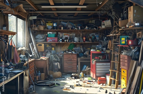 Activity Haven: Cluttered Garage Filled with Items for Various Activities