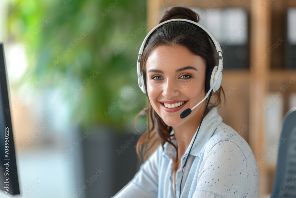 Joyful Female Call Center Employee Using Crm Mockup Joyful Female Call Center Employee Using Crm Mockup