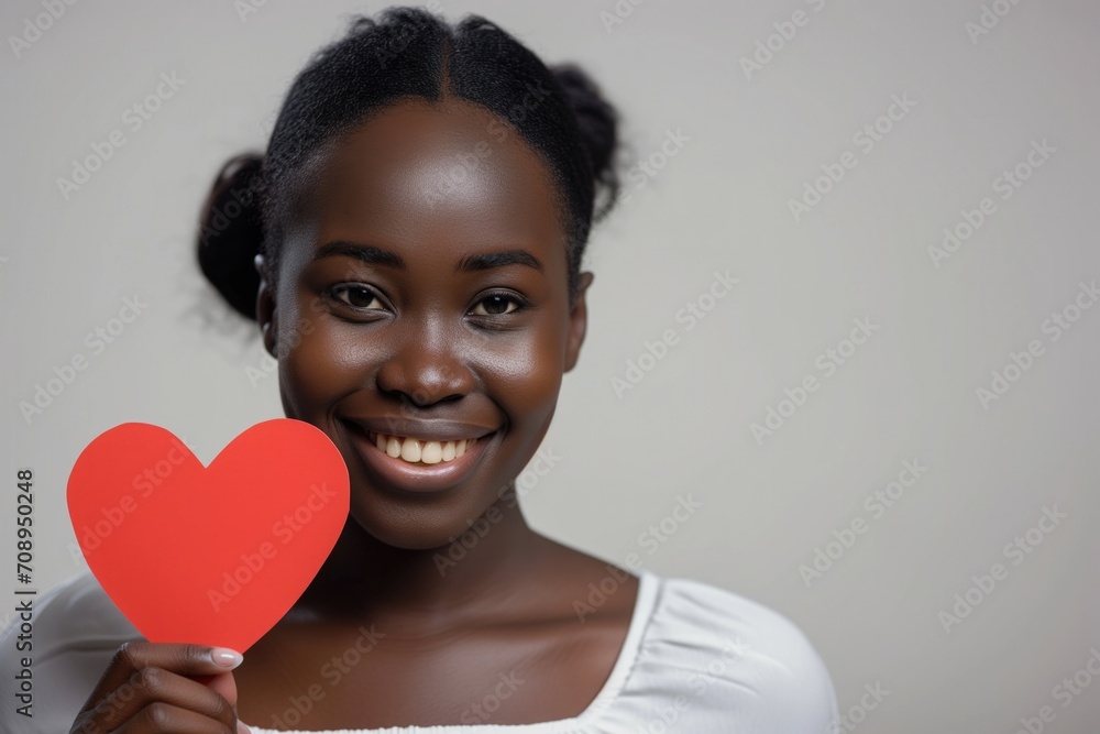 Happy Nigerian Woman Holding Red Paper Heart On White Background Happy Nigerian Woman Holding Red Paper Heart On White Background