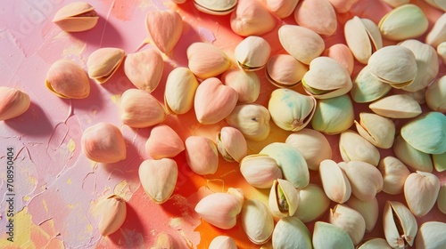  a pile of pistachios sitting on top of a pink and yellow table top next to a pink and yellow wall and a pink and yellow table cloth.