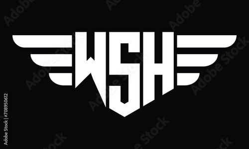 WSH three letter logo, creative wings shape logo design vector template. letter mark, word mark, monogram symbol on black & white.	 photo