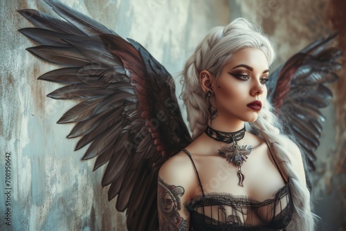 Portrait Of Striking Individual With Edgy Style And Angelic Wing Tattoos