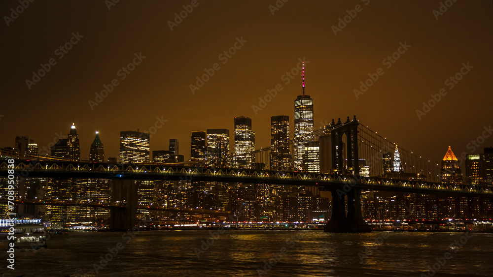 View of Manhattan with Brooklyn bride by night, New York City, USA