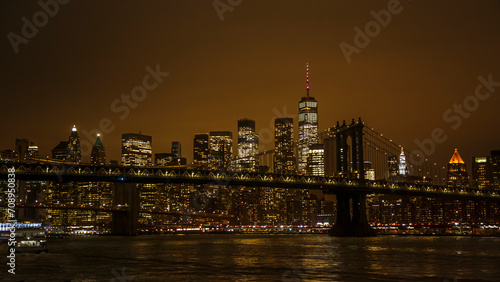 View of Manhattan with Brooklyn bride by night, New York City, USA
