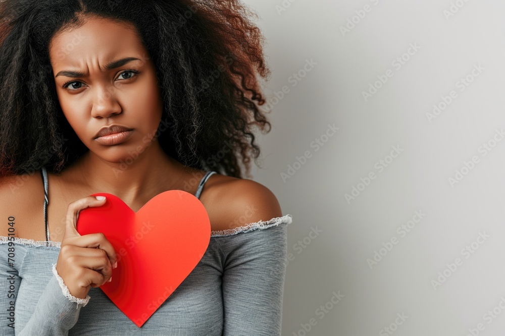 Unhappy South African Woman Holding Red Paper Heart On White Background Unhappy South African Woman Holding Red Paper Heart On White Background