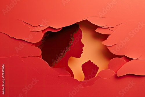 Women s Day poster with woman silhouette and fist inside in paper cut . Girl face poster for feminism, independence, freedom, empowerment, activism for women rights . woman rights protes feminism