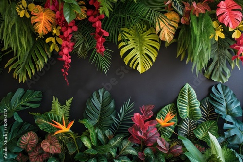 Exquisite Display  Vibrant Tropical Plants Grace An Elegant Black Wall