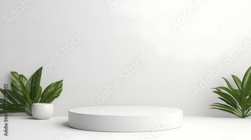 Minimal scene with white marble podium and palm leaves. 3D rendering