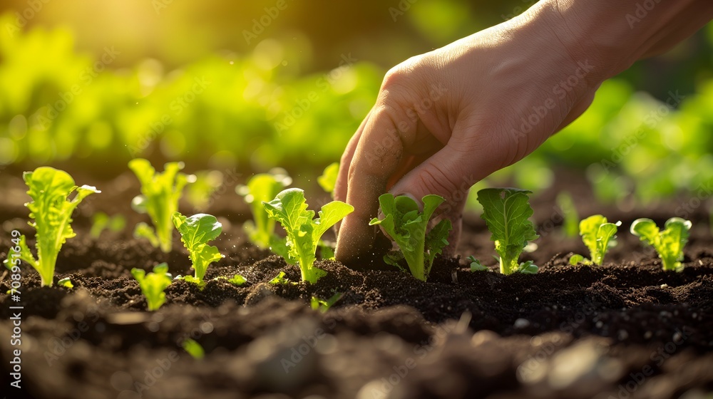 Close-up of a farmer's hand planting young green lettuce seedlings in the ground Close-up of a farmer's hand planting young green lettuce seedlings in the ground