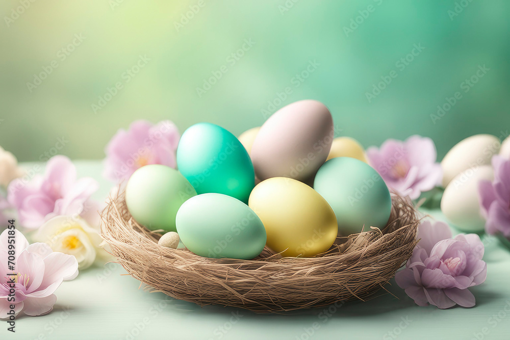 Celebrating Easter, holiday greeting card mockup with flowers and colored eggs.