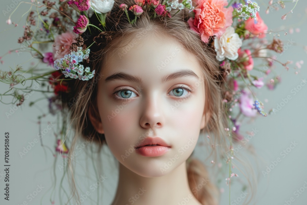 Youthful Girl Adorned With Blooming Flowers In Her Pastelcoiffed Hair, Symbolizing Springs Vibrance