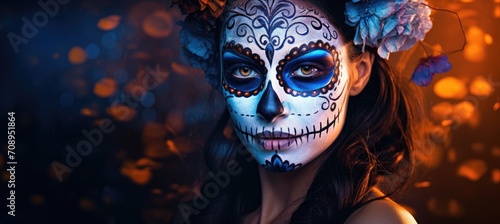 featuring elaborate Day of the Dead face paint  a masterpiece of intricate makeup and artistic expression