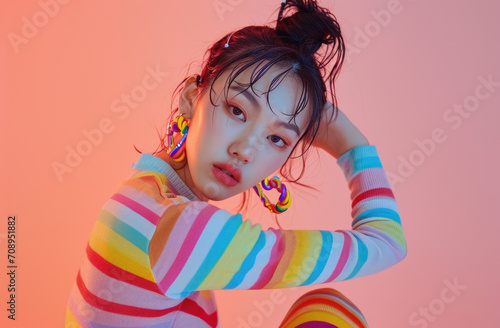 beautiful Korean model posing on color stripes background