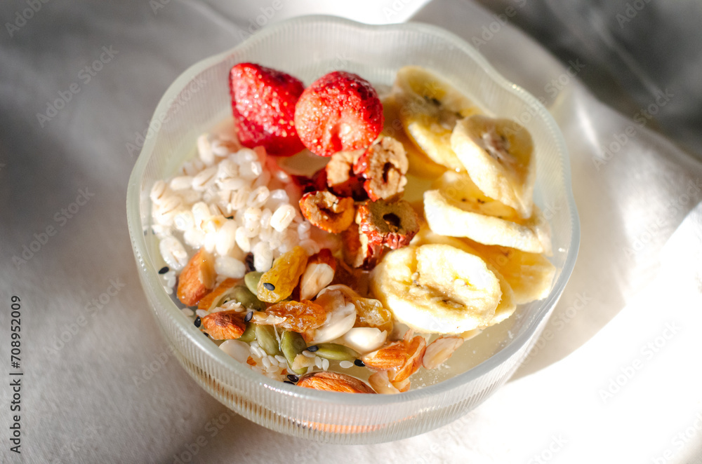 Strawberry breakfast Sin full of bowl. Cereal yogurt and crispy fruit Strawberry breakfast Sin full of bowl. Cereal yogurt and crispy fruit