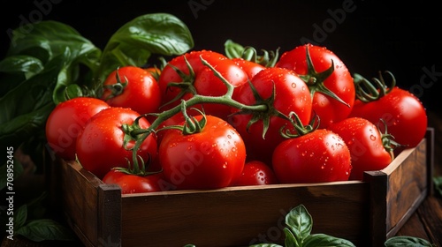 Ripe tomatoes in wooden box,