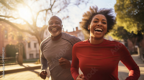 Happy african american couple of middle aged adults jogging through sunlit city streets. Copy space