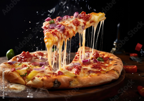 Hot pizza cheese crust topping sauce vegetables delicious fast food