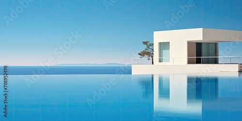 modern comfortable house with luxury style swimming pool by the sea or ocean at sunset