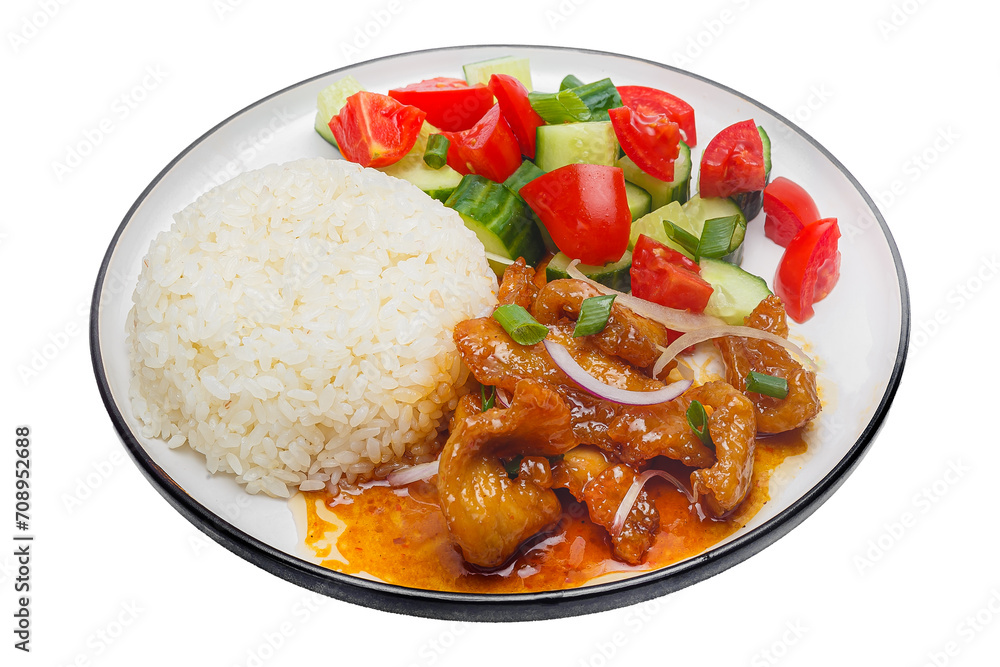Vietnamese cuisine and food, white rice with boiled chicken meat and vegetables on a plate, on a white isolated background Vietnamese cuisine and food, white rice with boiled chicken meat and vegetables on a plate, on a white isolated background
