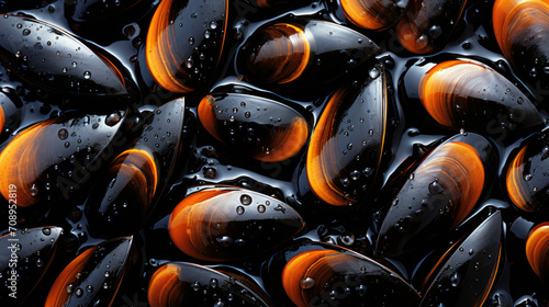 A Beautiful Close-Up of Vibrant Black and Orange Mussels photo