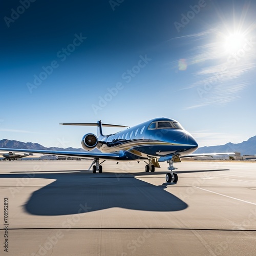  A luxurious private jet on the runway, ready for departure, bright sunny day, capturing the sophistication and exclusivity of private jet travel.