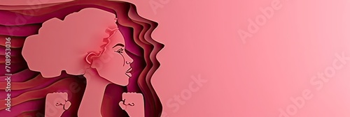 Women s Day poster with woman silhouette and fist inside in paper cut . Girl face poster for feminism, independence, freedom, empowerment, activism for women rights . woman rights protes feminism photo