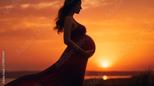 Artistic shots of a pregnant woman's silhouette against a vibrant sunset, capturing the beauty and serenity of pregnancy