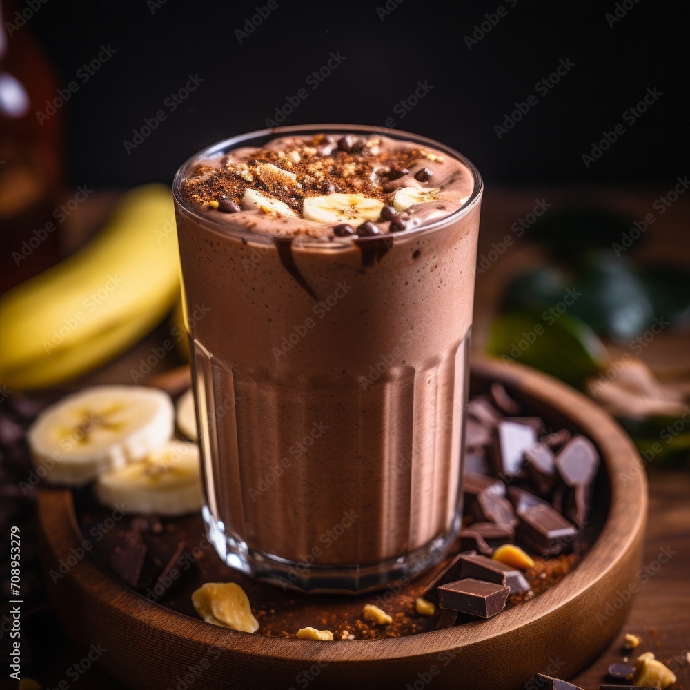 Close-up of a decadent chocolate protein smoothie with almond butter and banana, highlighting the indulgence and nutrition in a chocolatey treat. Close-up of a decadent chocolate protein smoothie with almond butter and banana, highlighting the indulgence and nutrition in a chocolatey treat.